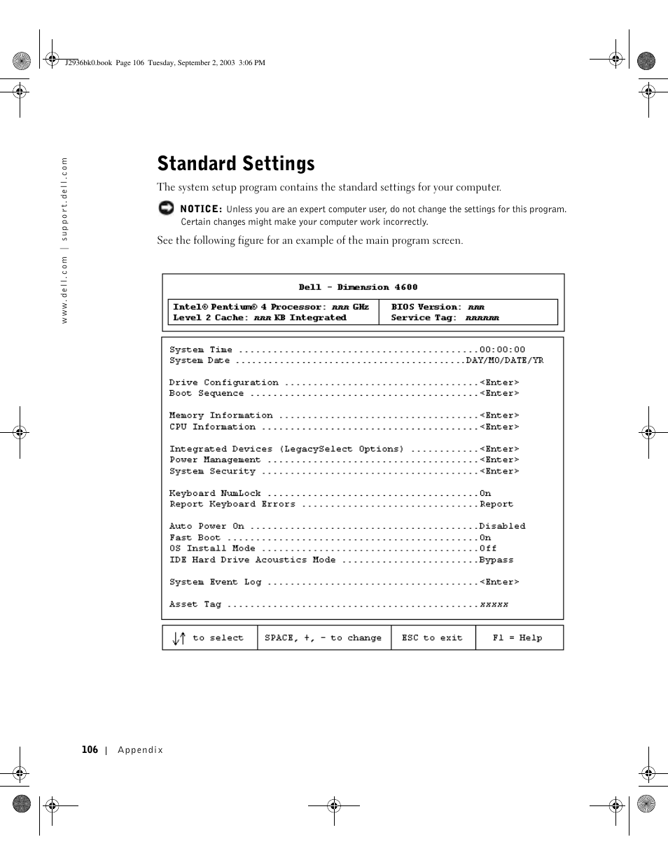 Standard settings | Dell Dimension 4600 User Manual | Page 106 / 148