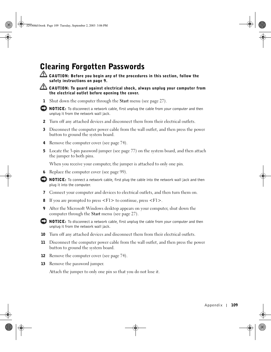 Clearing forgotten passwords | Dell Dimension 4600 User Manual | Page 109 / 148