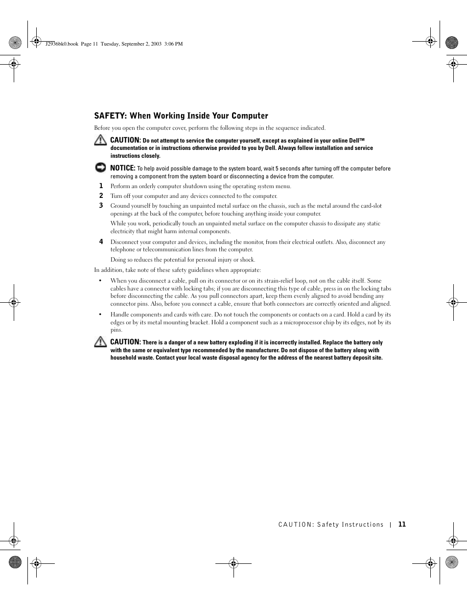 Safety: when working inside your computer | Dell Dimension 4600 User Manual | Page 11 / 148