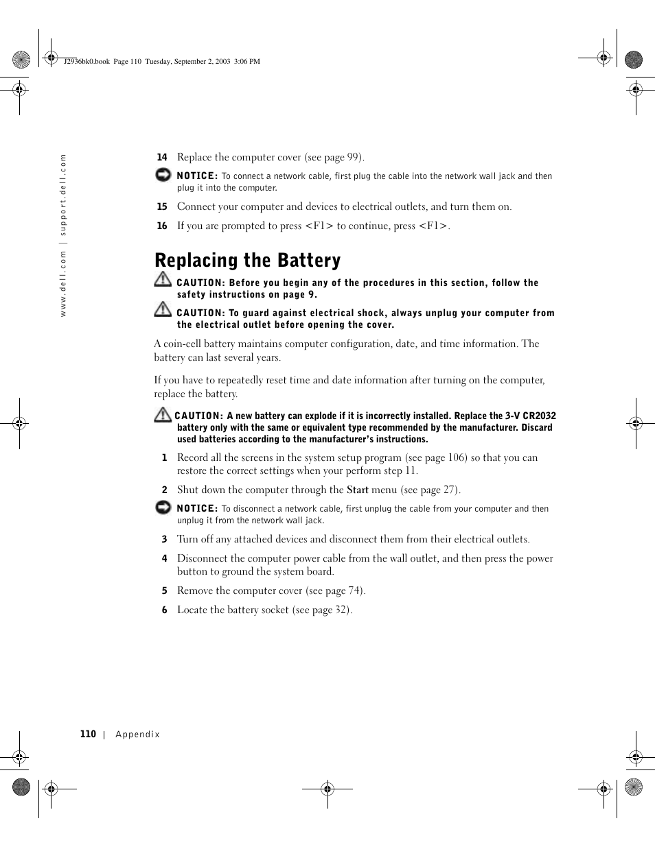 Replacing the battery | Dell Dimension 4600 User Manual | Page 110 / 148