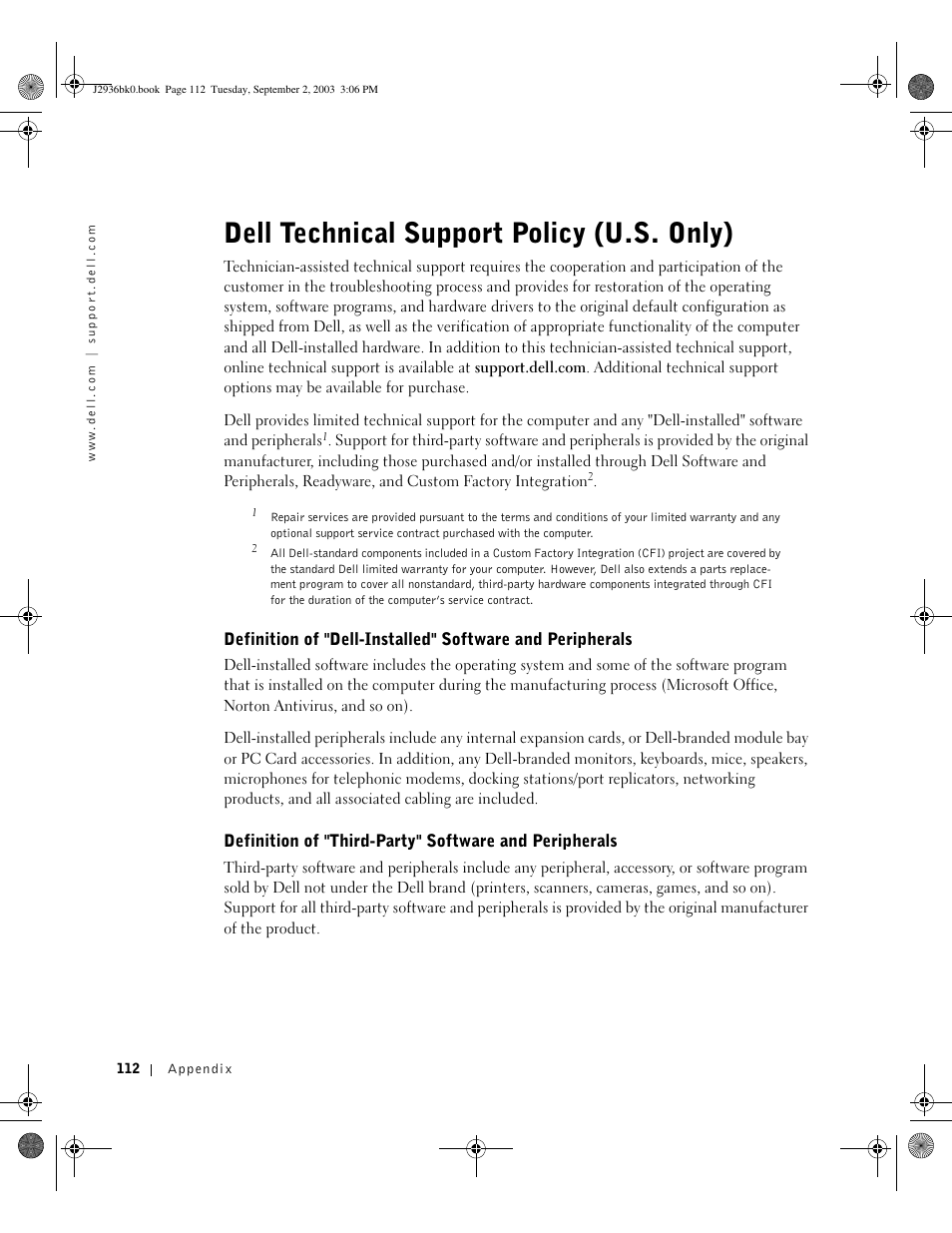 Dell technical support policy (u.s. only) | Dell Dimension 4600 User Manual | Page 112 / 148