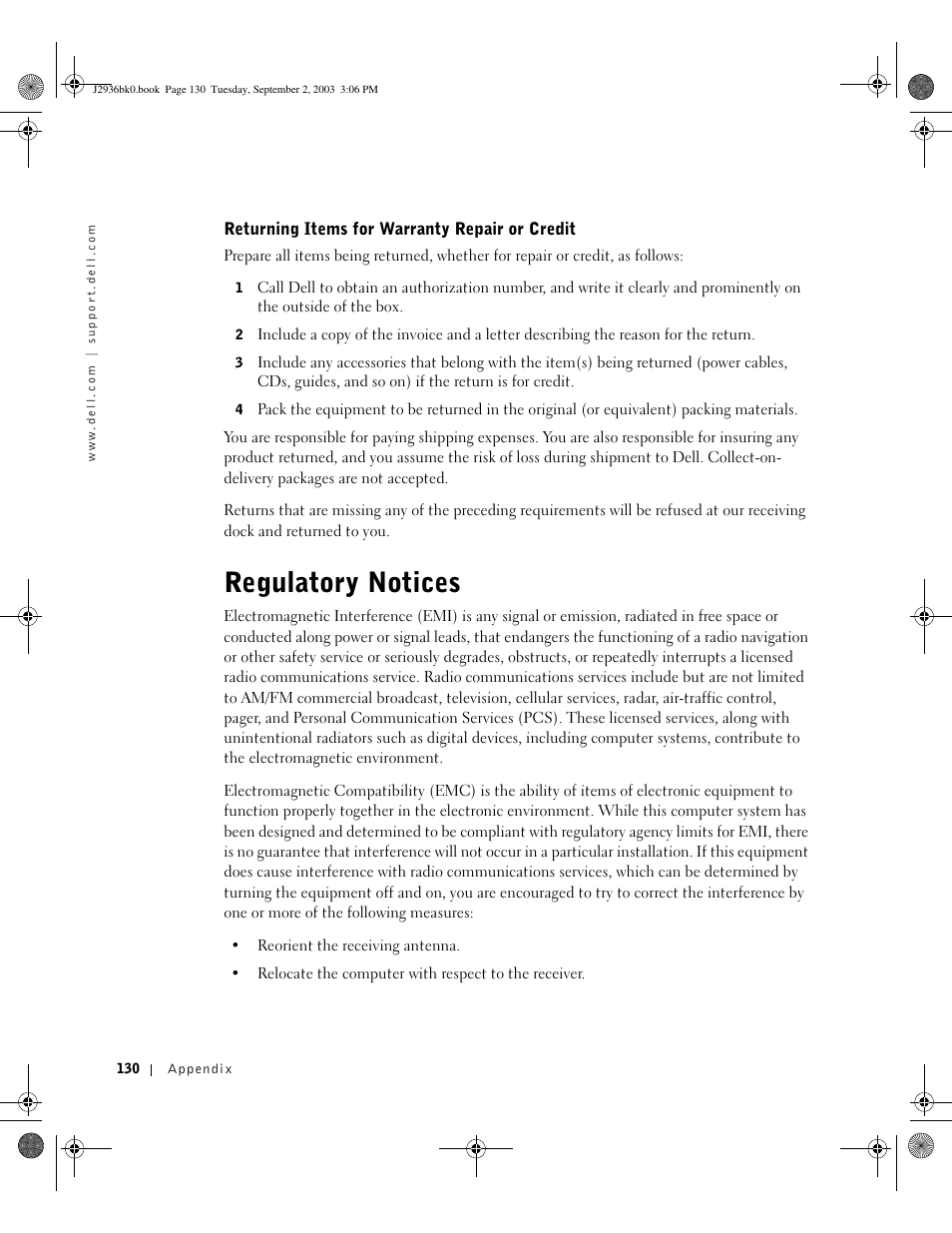 Regulatory notices | Dell Dimension 4600 User Manual | Page 130 / 148