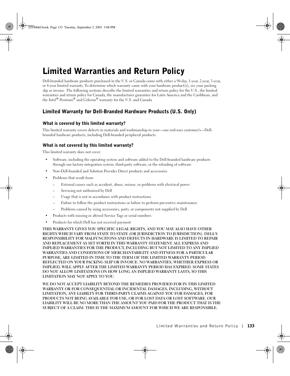 Limited warranties and return policy | Dell Dimension 4600 User Manual | Page 133 / 148