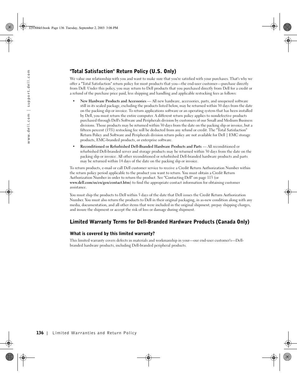 Total satisfaction" return policy (u.s. only) | Dell Dimension 4600 User Manual | Page 136 / 148