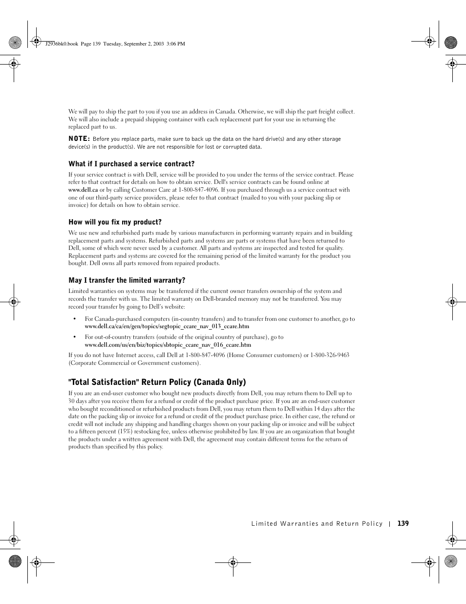 Total satisfaction" return policy (canada only) | Dell Dimension 4600 User Manual | Page 139 / 148