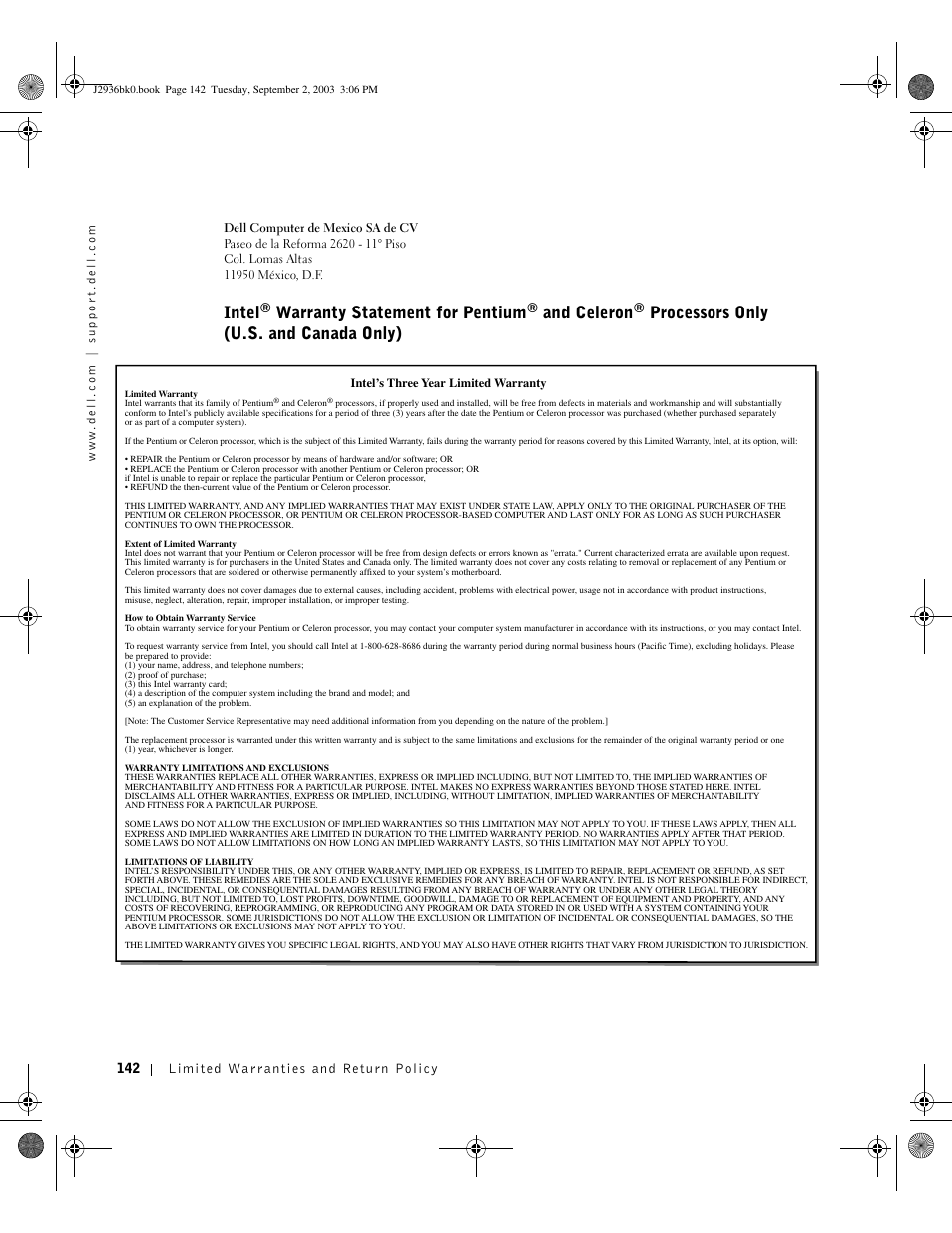 Intel, Warranty statement for pentium, And celeron | Processors only (u.s. and canada only) | Dell Dimension 4600 User Manual | Page 142 / 148