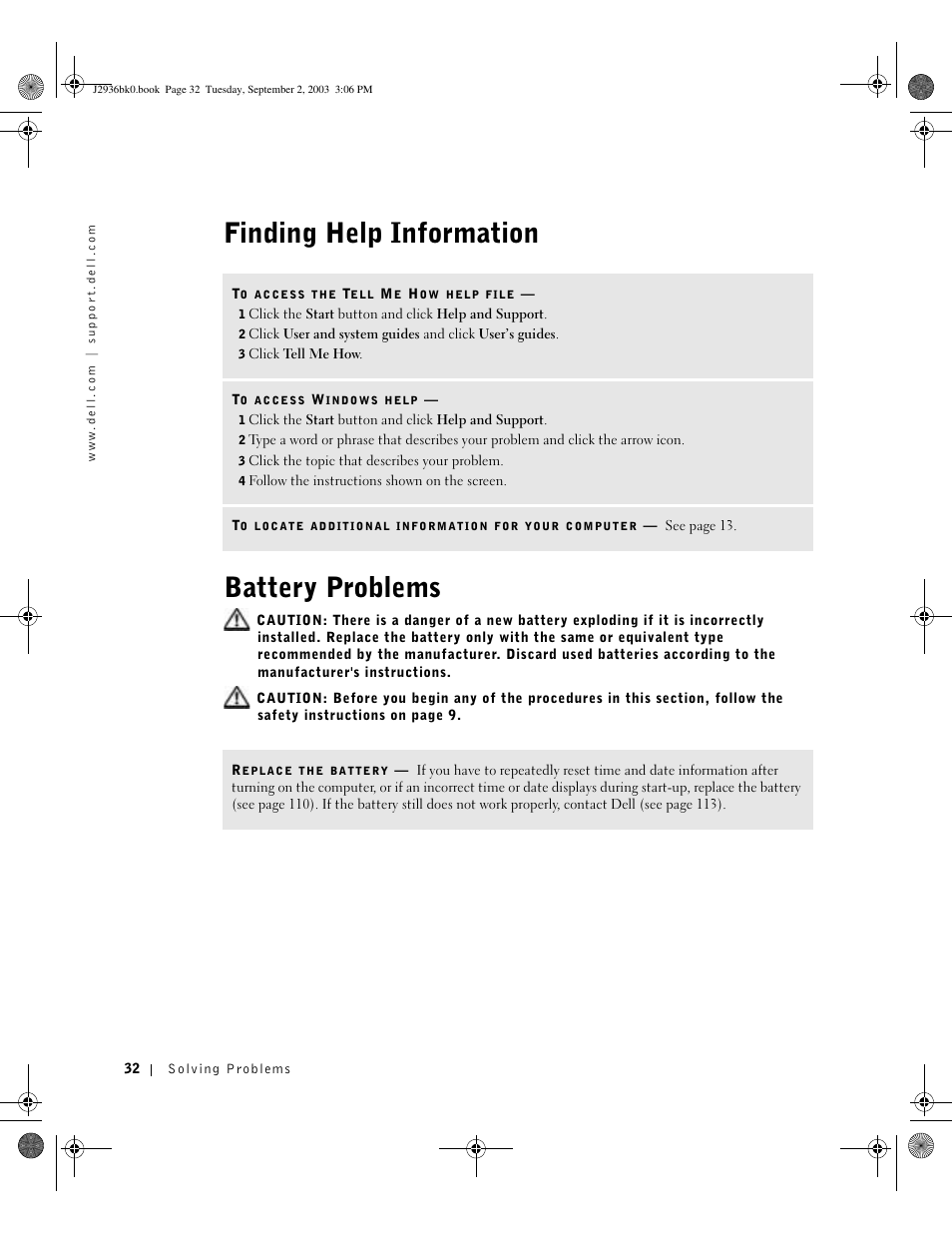Finding help information battery problems | Dell Dimension 4600 User Manual | Page 32 / 148