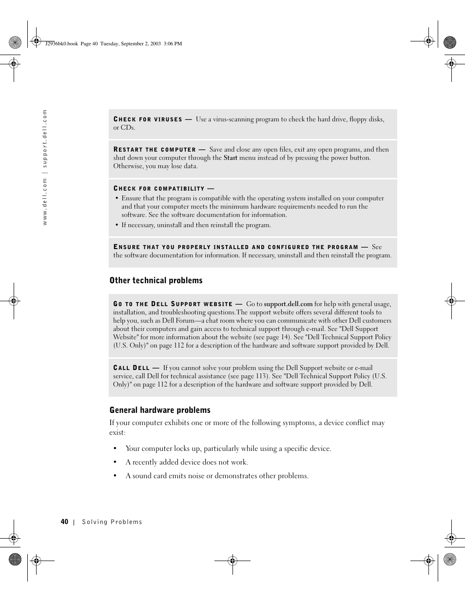 Other technical problems general hardware problems | Dell Dimension 4600 User Manual | Page 40 / 148