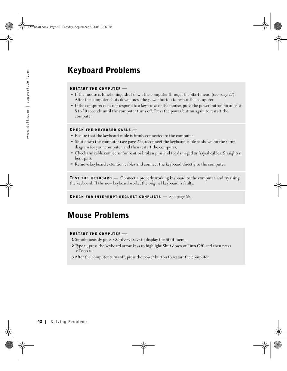 Keyboard problems mouse problems | Dell Dimension 4600 User Manual | Page 42 / 148