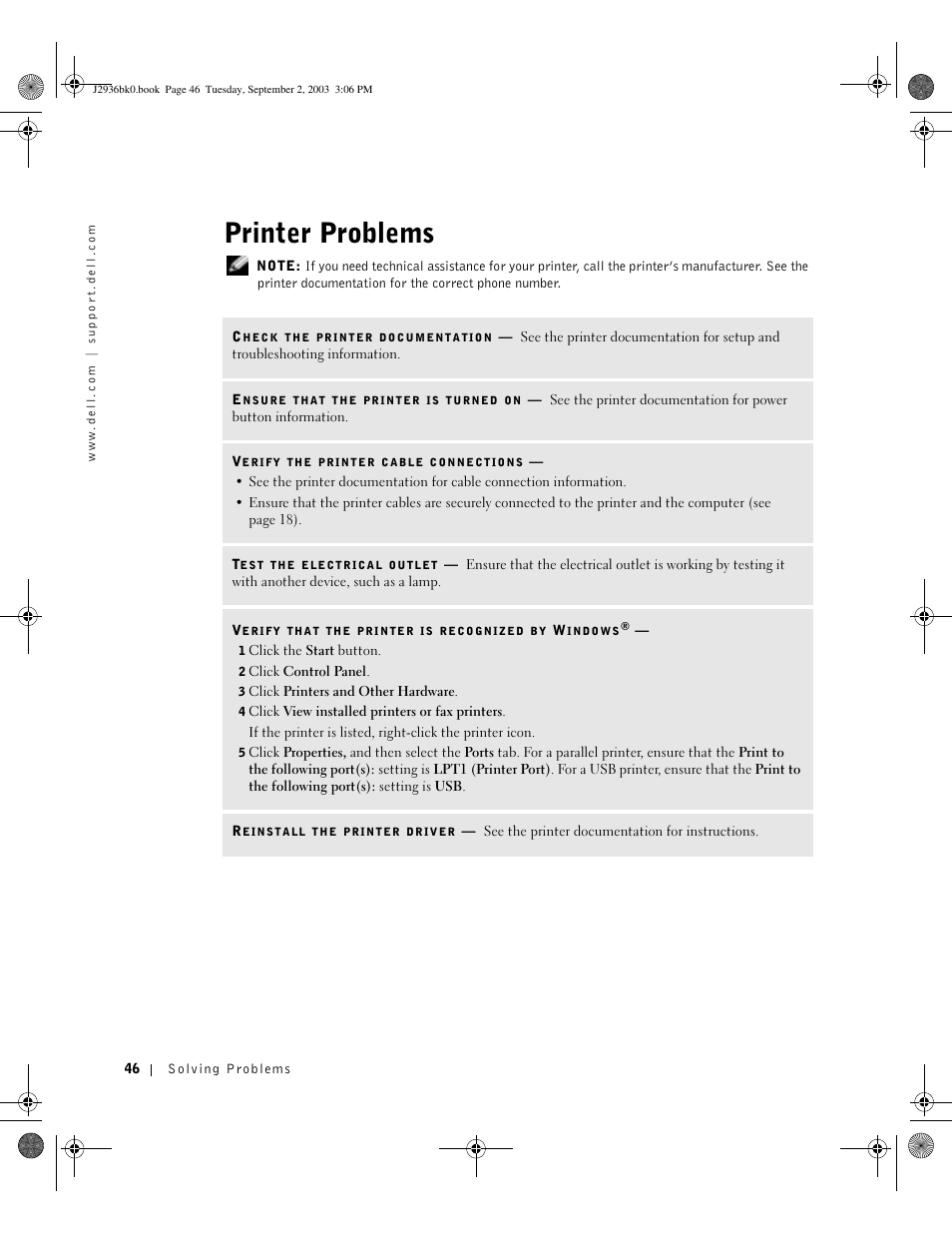 Printer problems | Dell Dimension 4600 User Manual | Page 46 / 148