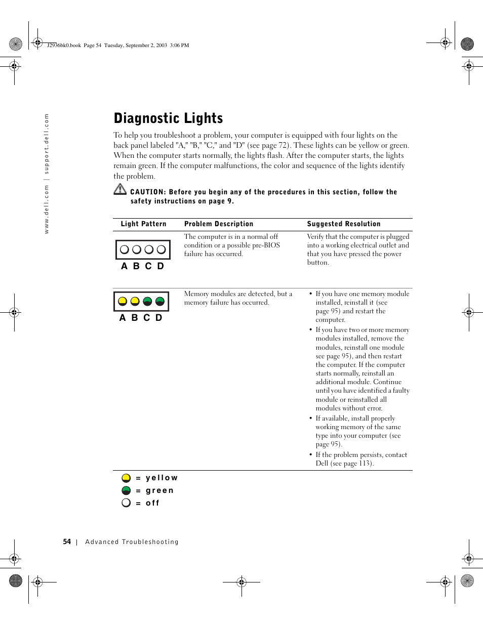 Diagnostic lights | Dell Dimension 4600 User Manual | Page 54 / 148