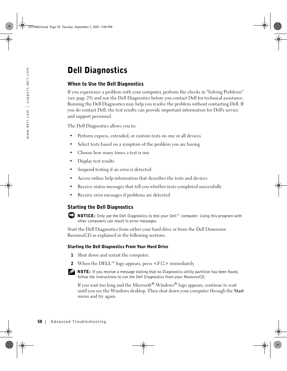 Dell diagnostics | Dell Dimension 4600 User Manual | Page 58 / 148
