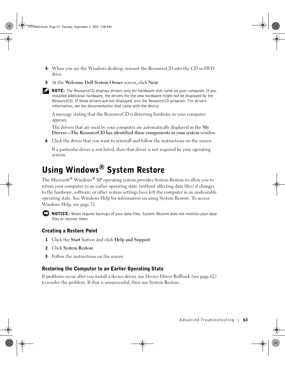 Using windows, System restore | Dell Dimension 4600 User Manual | Page 63 / 148