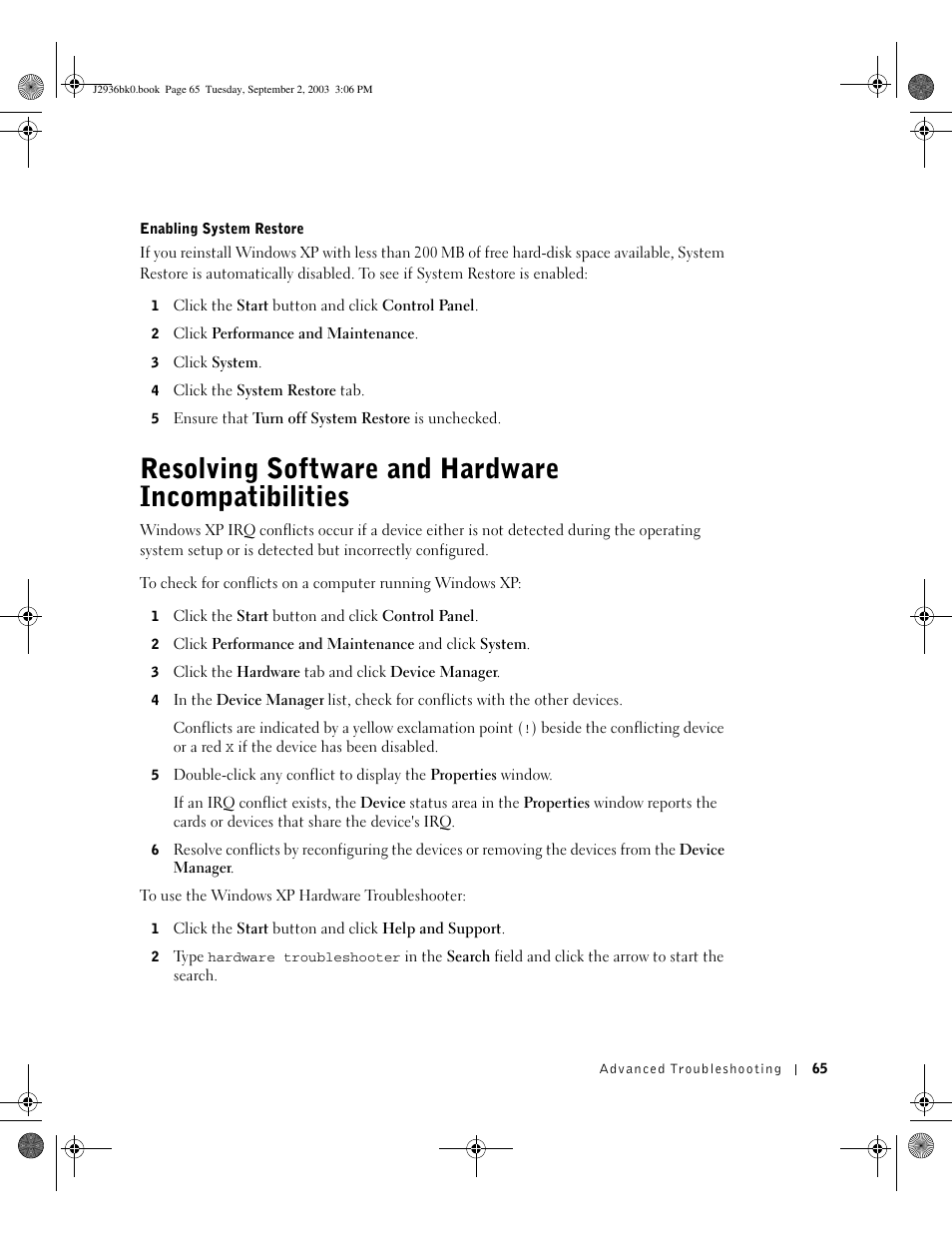 Resolving software and hardware incompatibilities | Dell Dimension 4600 User Manual | Page 65 / 148