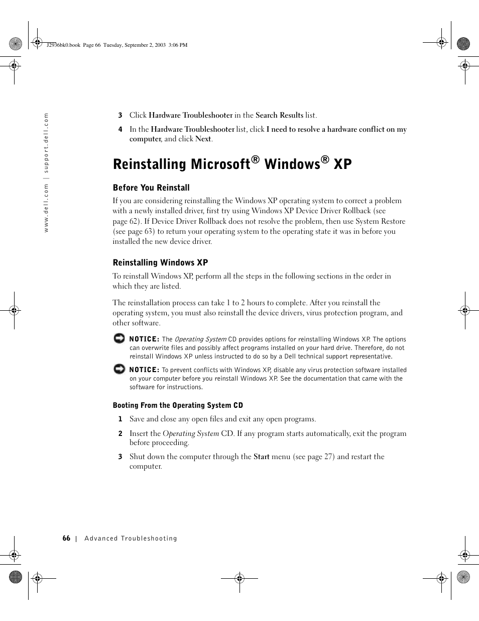 Reinstalling microsoft, Windows | Dell Dimension 4600 User Manual | Page 66 / 148