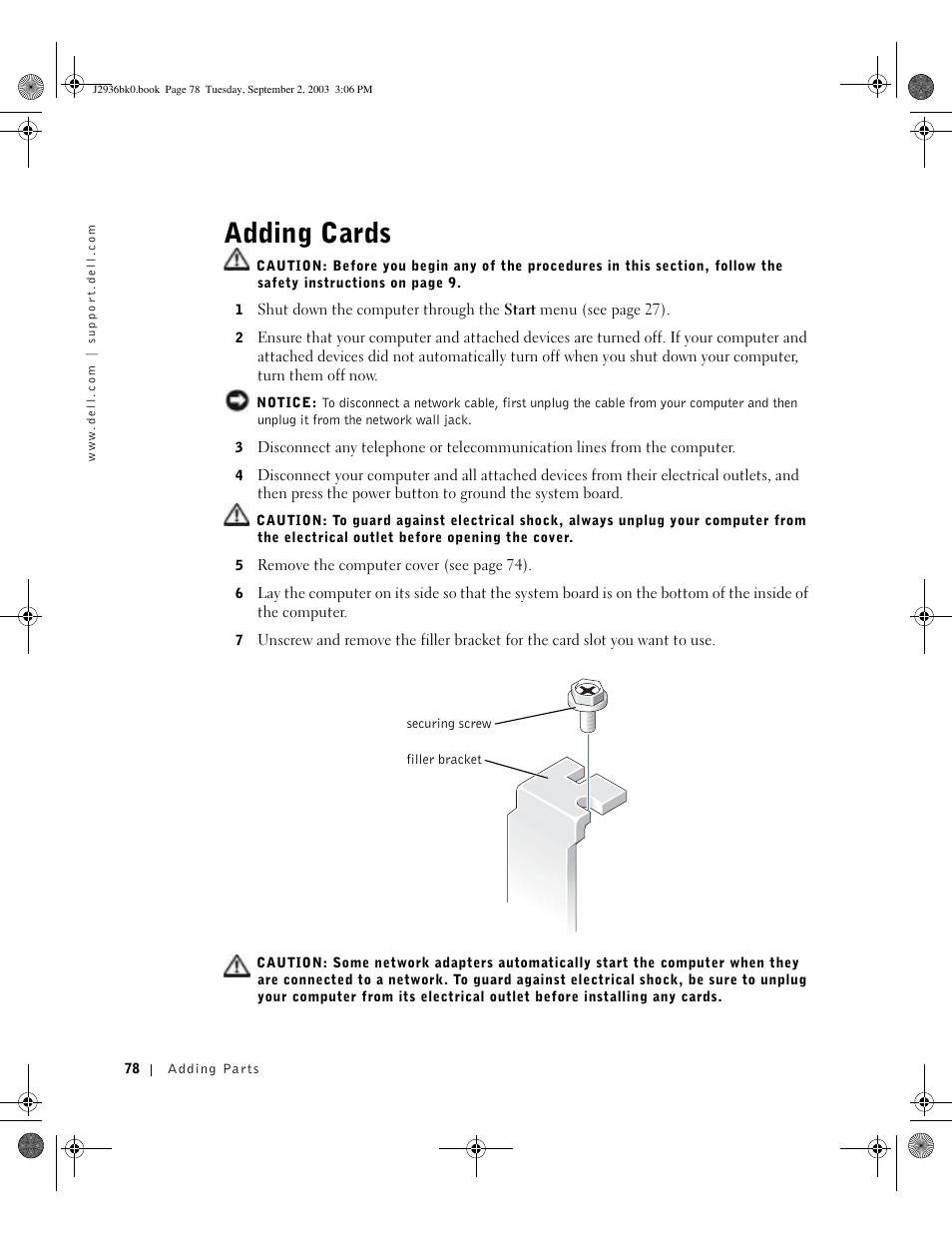 Adding cards | Dell Dimension 4600 User Manual | Page 78 / 148