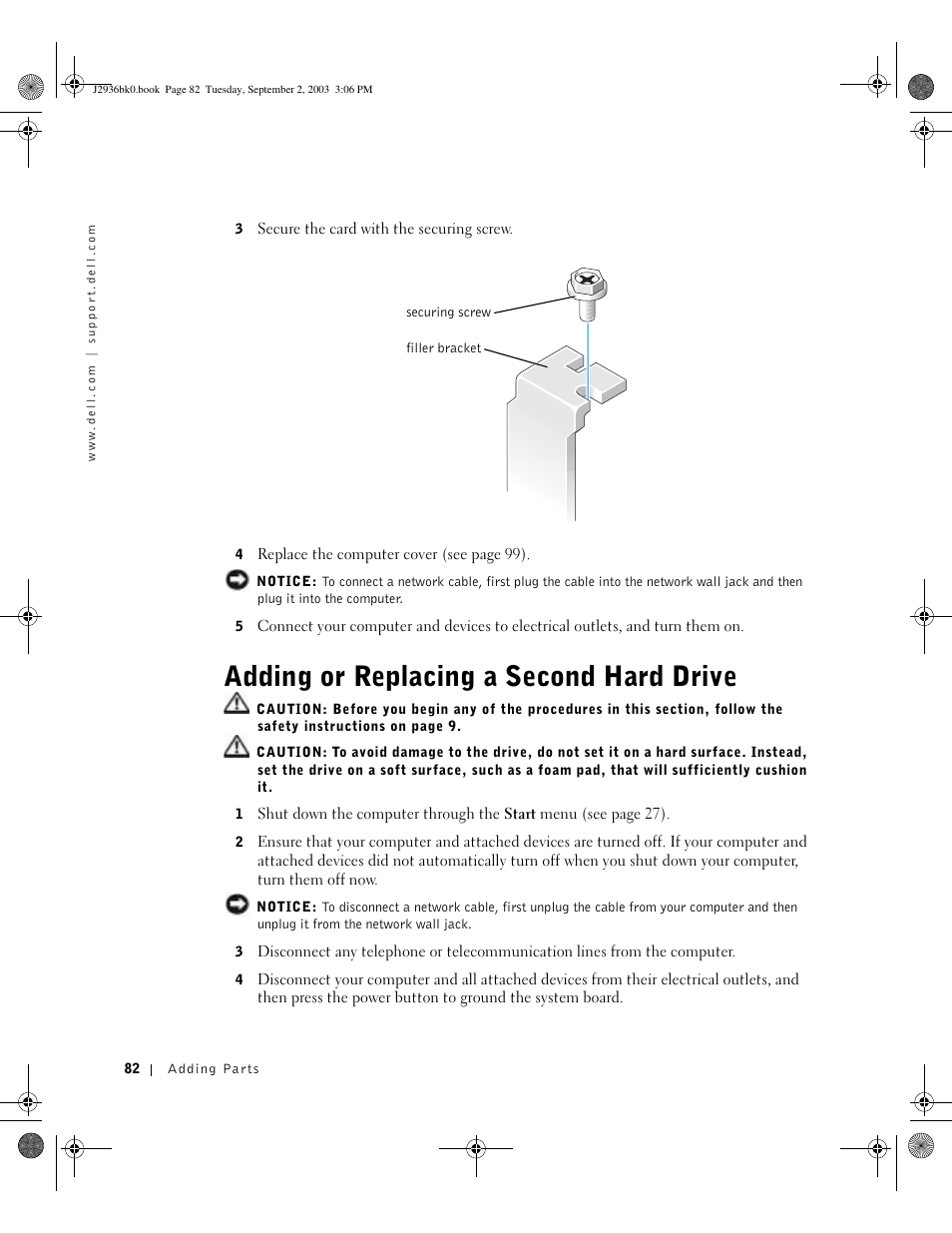Adding or replacing a second hard drive | Dell Dimension 4600 User Manual | Page 82 / 148