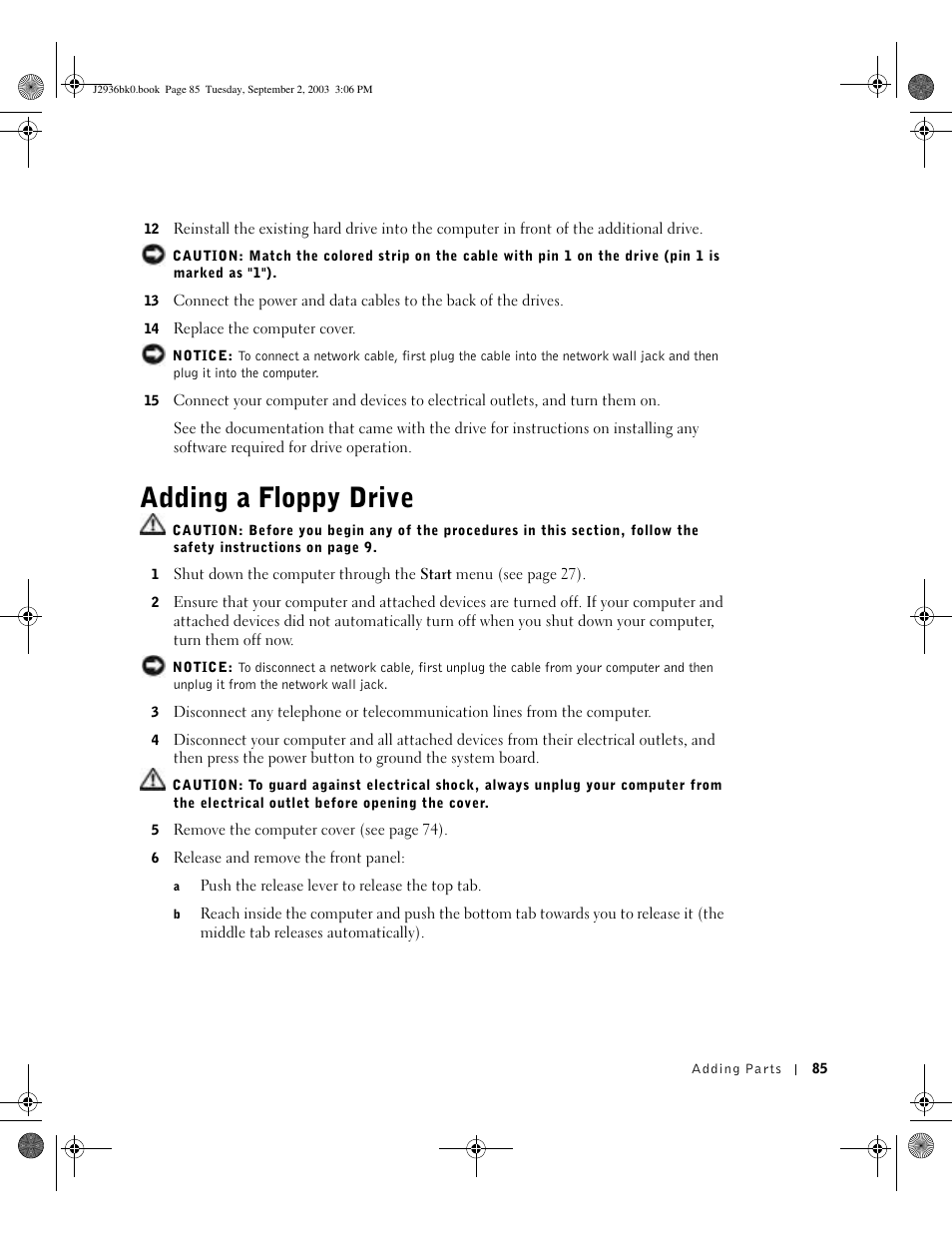 Adding a floppy drive | Dell Dimension 4600 User Manual | Page 85 / 148