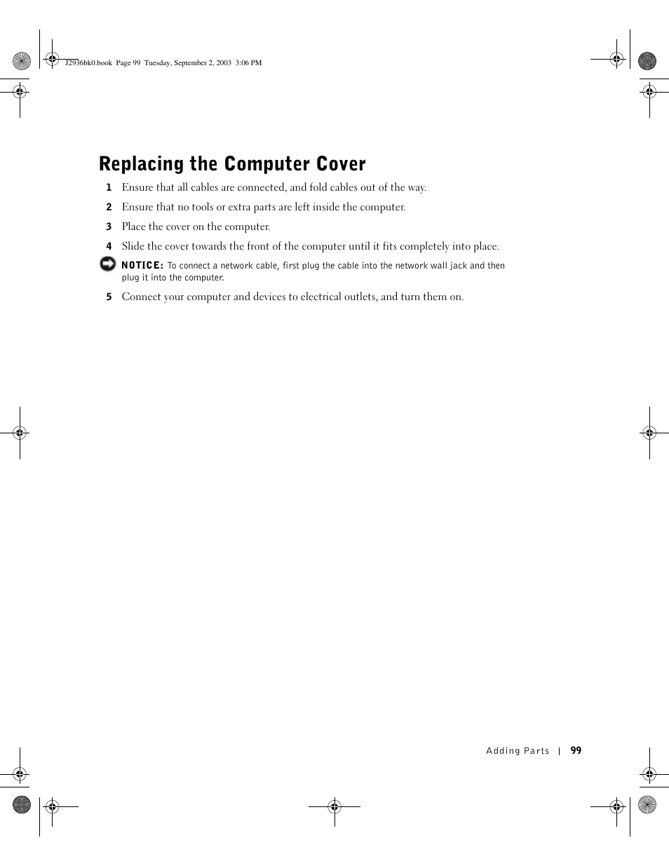 Replacing the computer cover | Dell Dimension 4600 User Manual | Page 99 / 148