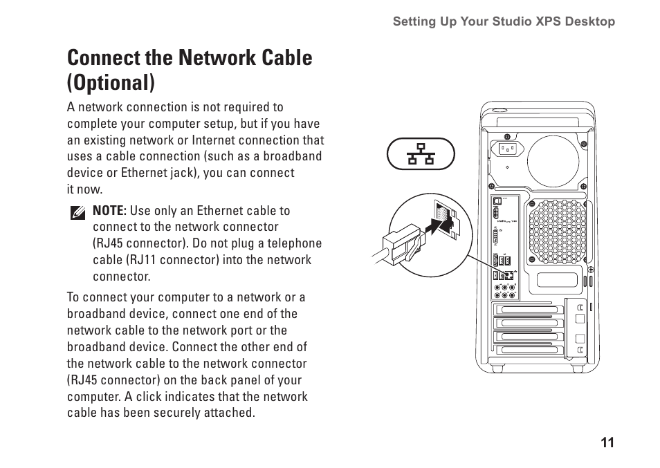 Connect the network cable (optional) | Dell Studio XPS 7100 (Mid 2010) User Manual | Page 13 / 74