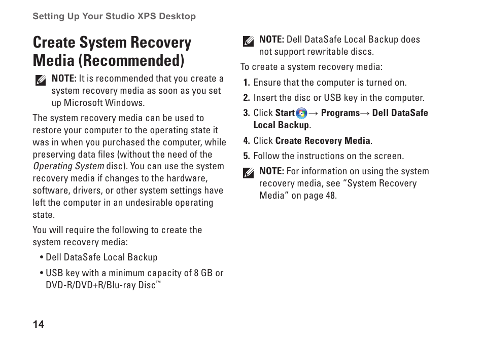 Create system recovery media (recommended), Create system recovery media, Recommended) | Dell Studio XPS 7100 (Mid 2010) User Manual | Page 16 / 74