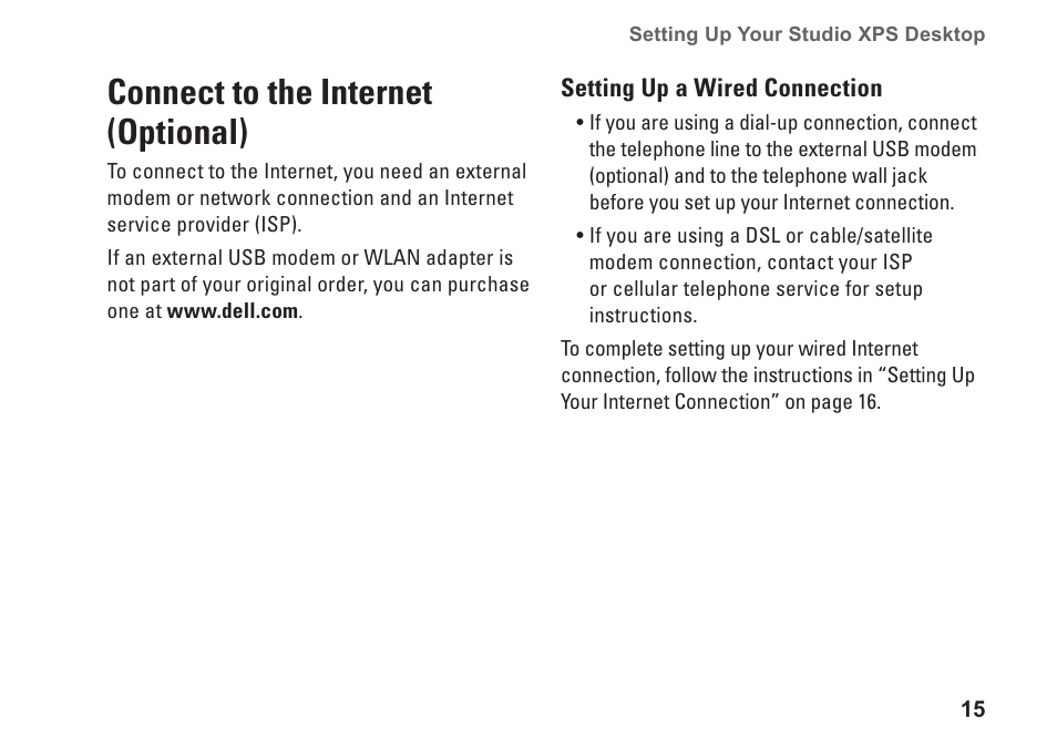 Connect to the internet (optional) | Dell Studio XPS 7100 (Mid 2010) User Manual | Page 17 / 74