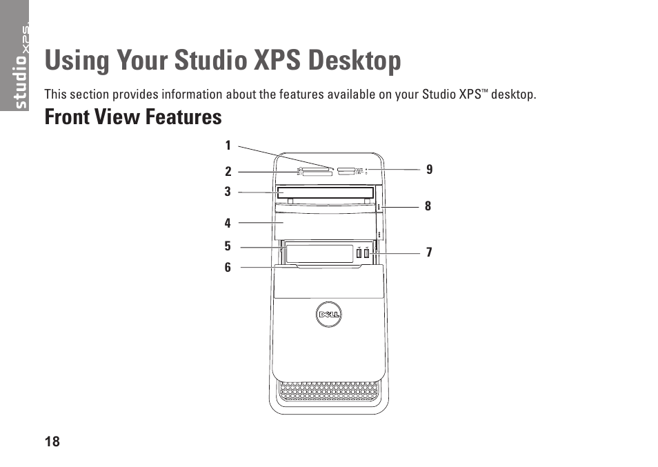 Using your studio xps desktop, Front view features | Dell Studio XPS 7100 (Mid 2010) User Manual | Page 20 / 74