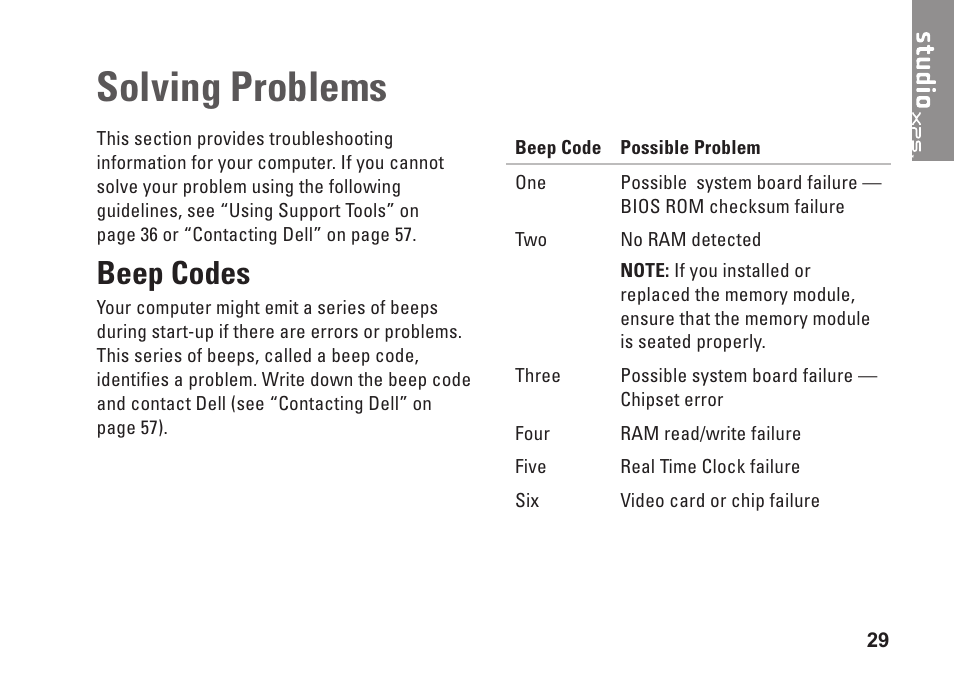 Solving problems, Beep codes | Dell Studio XPS 7100 (Mid 2010) User Manual | Page 31 / 74