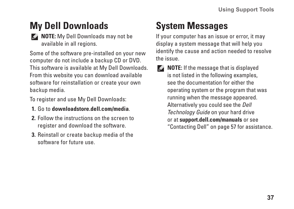 My dell downloads, System messages, My dell downloads system messages | Dell Studio XPS 7100 (Mid 2010) User Manual | Page 39 / 74