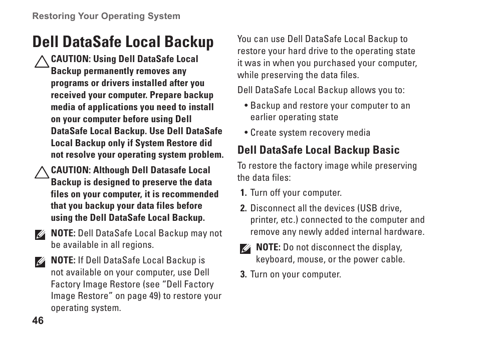 Dell datasafe local backup | Dell Studio XPS 7100 (Mid 2010) User Manual | Page 48 / 74