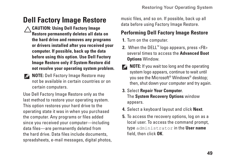 Dell factory image restore | Dell Studio XPS 7100 (Mid 2010) User Manual | Page 51 / 74