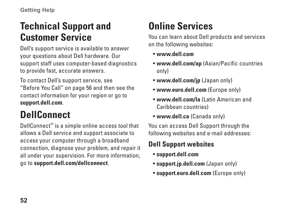 Technical support and customer service, Dellconnect, Online services | Technical support and customer, Service dellconnect online services | Dell Studio XPS 7100 (Mid 2010) User Manual | Page 54 / 74