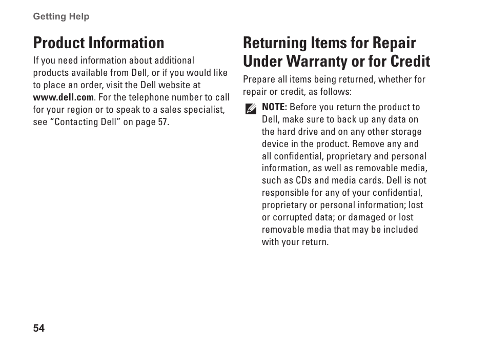 Product information, Warranty or for credit | Dell Studio XPS 7100 (Mid 2010) User Manual | Page 56 / 74