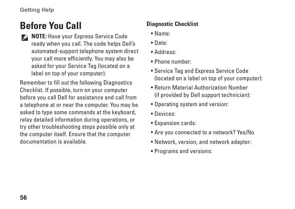 Before you call | Dell Studio XPS 7100 (Mid 2010) User Manual | Page 58 / 74