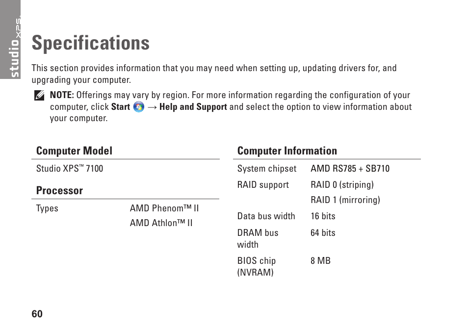 Specifications | Dell Studio XPS 7100 (Mid 2010) User Manual | Page 62 / 74