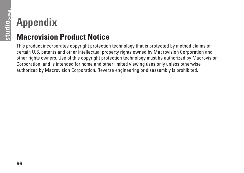 Appendix, Macrovision product notice | Dell Studio XPS 7100 (Mid 2010) User Manual | Page 68 / 74