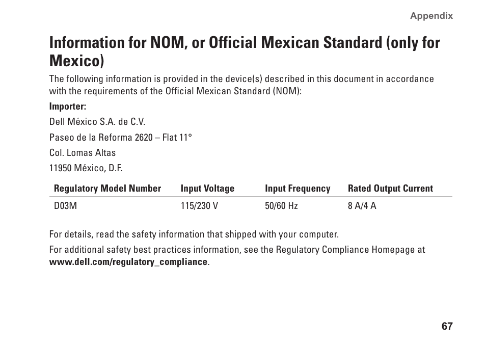 Information for nom, or official, Mexican standard (only for mexico) | Dell Studio XPS 7100 (Mid 2010) User Manual | Page 69 / 74