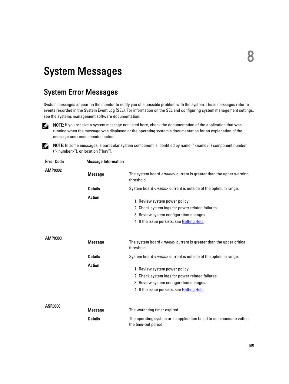 System messages, System error messages, 8 system messages | See the system event log or, For the specific | Dell PowerVault DR4100 User Manual | Page 105 / 122