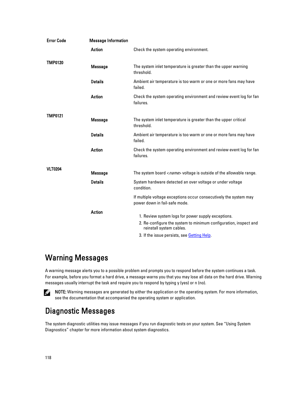 Warning messages, Diagnostic messages | Dell PowerVault DR4100 User Manual | Page 118 / 122