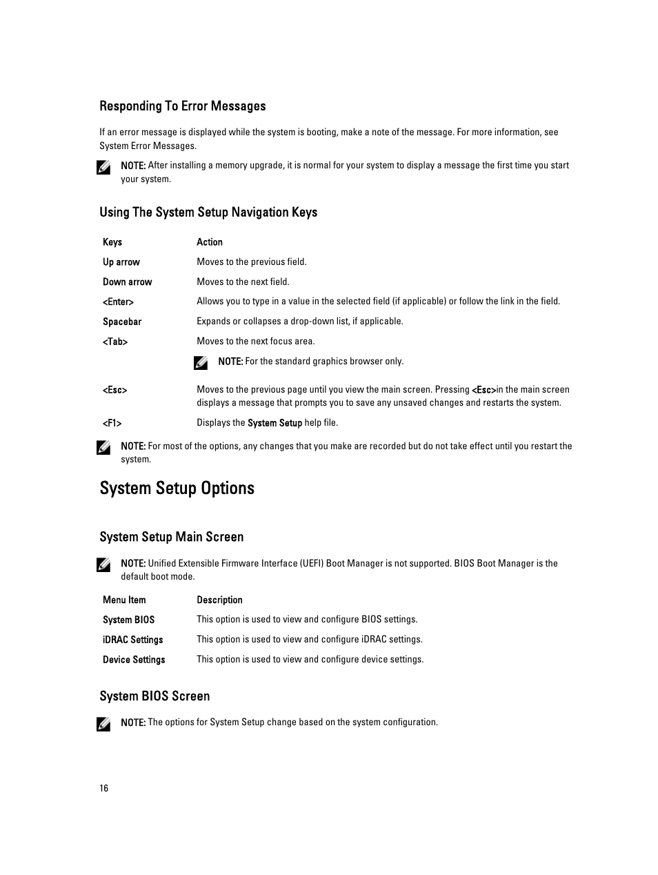 Responding to error messages, Using the system setup navigation keys, System setup options | System setup main screen, System bios screen | Dell PowerVault DR4100 User Manual | Page 16 / 122