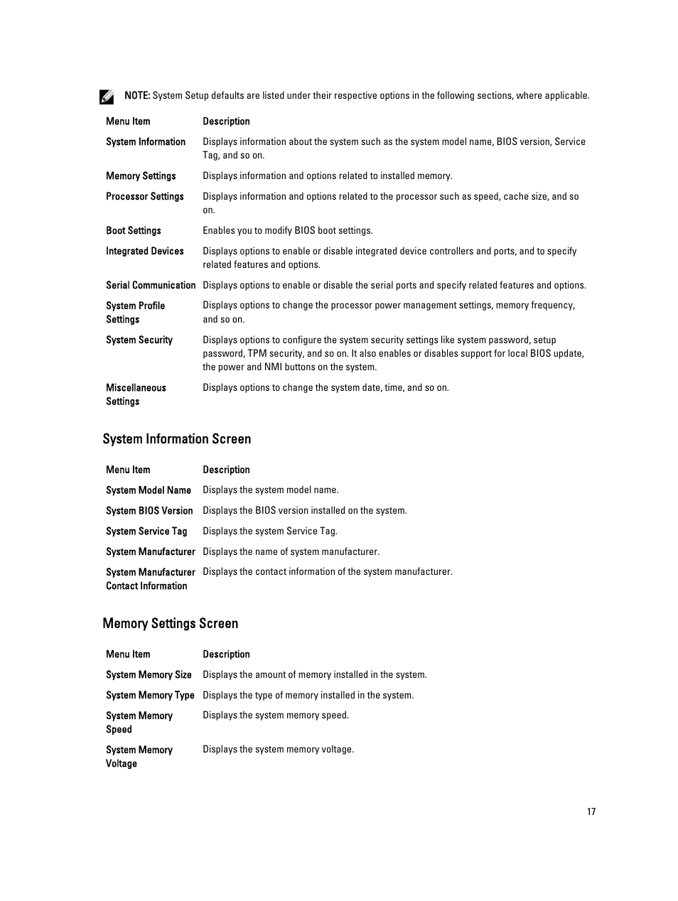System information screen, Memory settings screen | Dell PowerVault DR4100 User Manual | Page 17 / 122