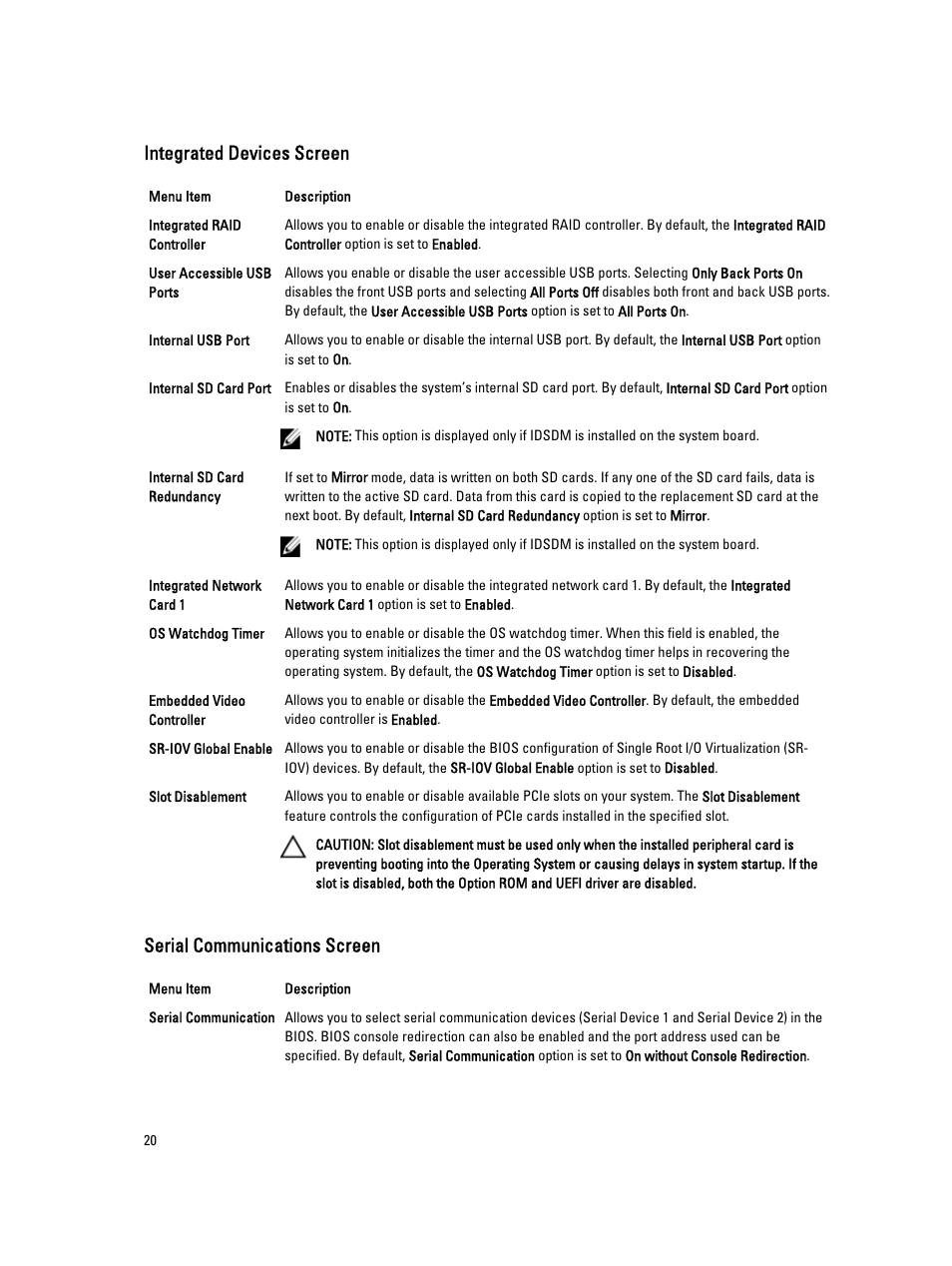 Integrated devices screen, Serial communications screen | Dell PowerVault DR4100 User Manual | Page 20 / 122