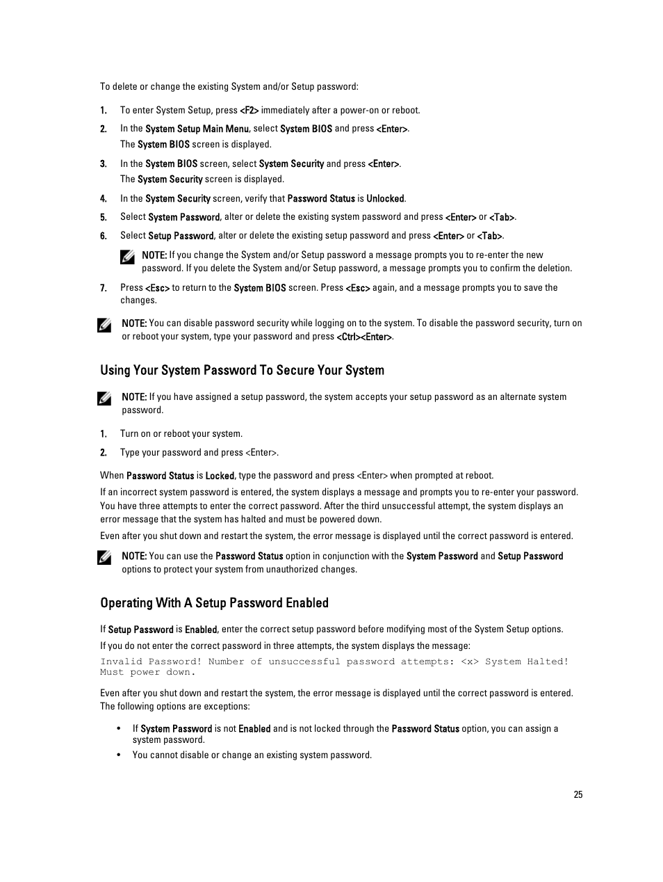 Using your system password to secure your system, Operating with a setup password enabled | Dell PowerVault DR4100 User Manual | Page 25 / 122