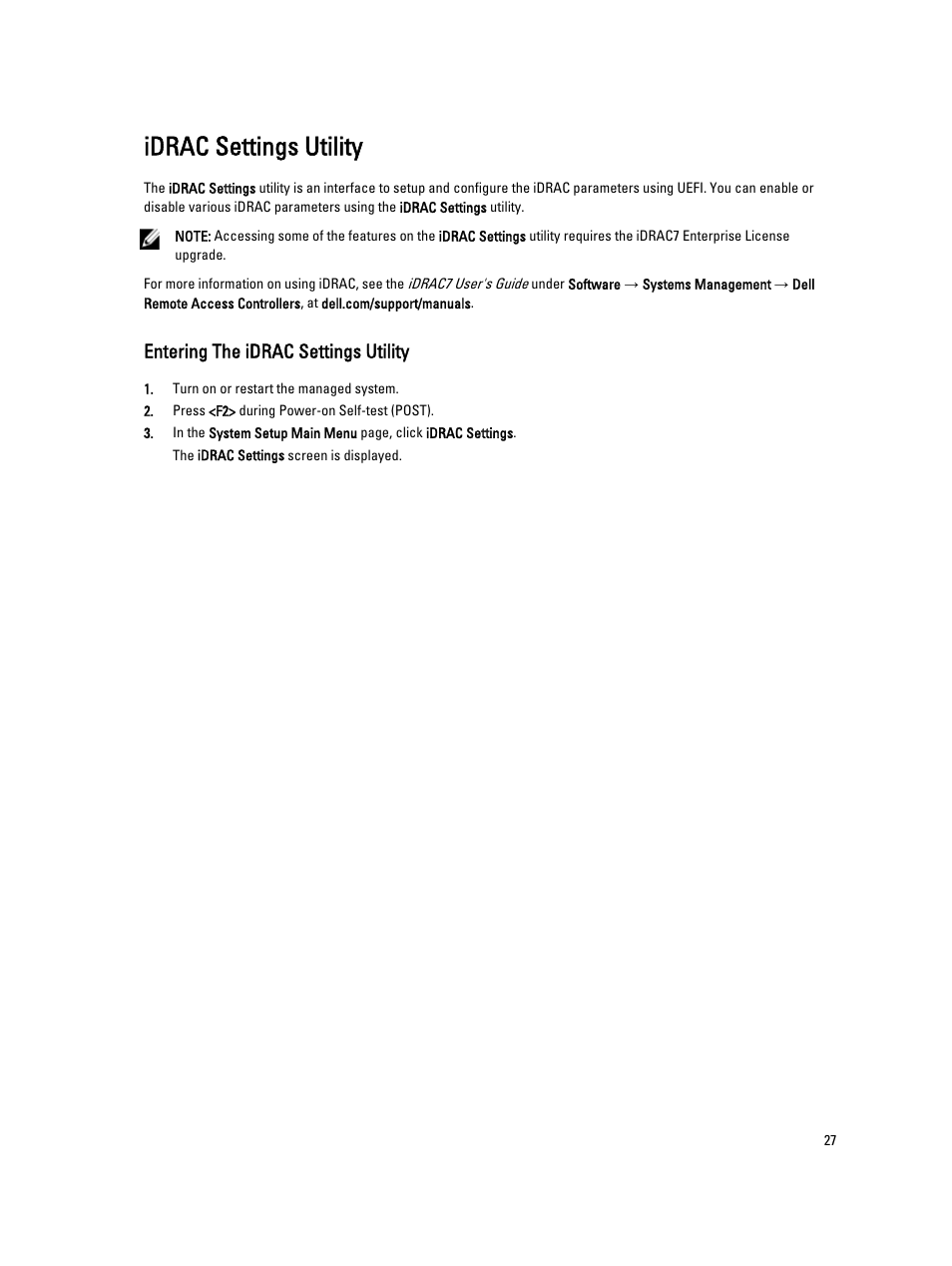 Idrac settings utility, Entering the idrac settings utility | Dell PowerVault DR4100 User Manual | Page 27 / 122