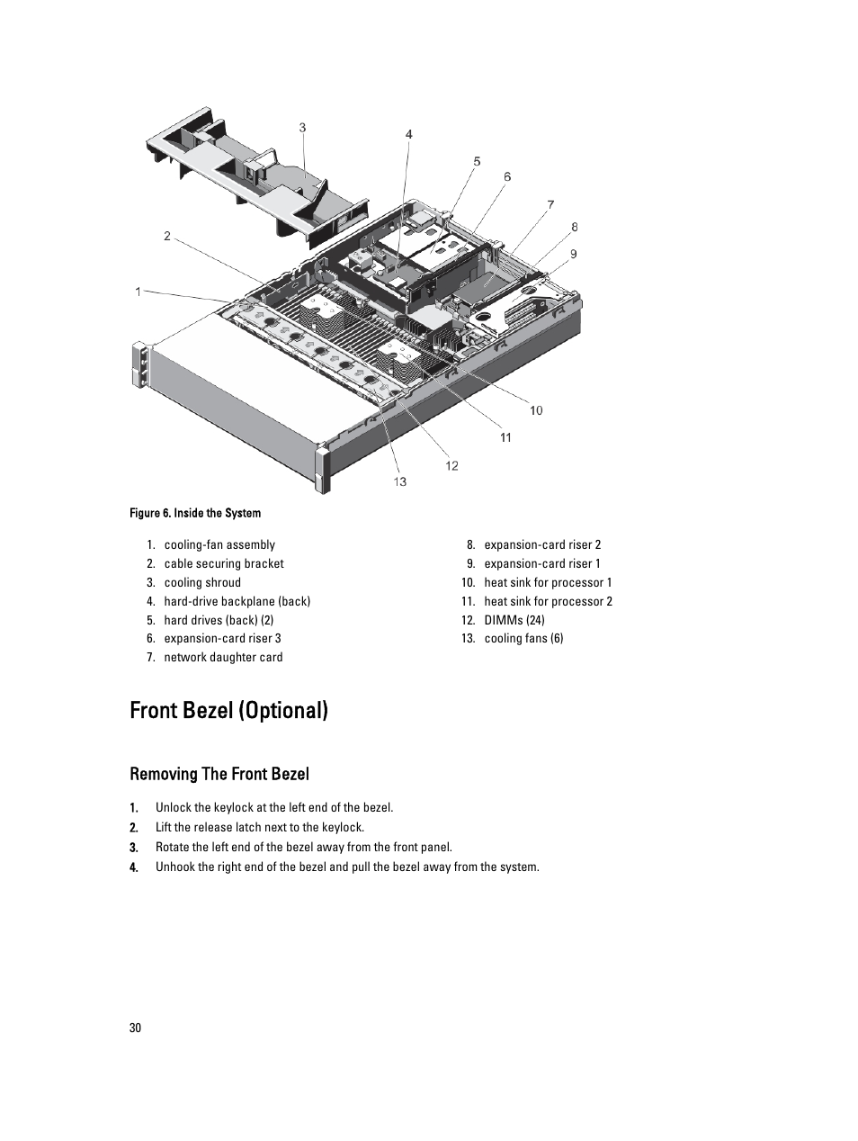 Front bezel (optional), Removing the front bezel | Dell PowerVault DR4100 User Manual | Page 30 / 122