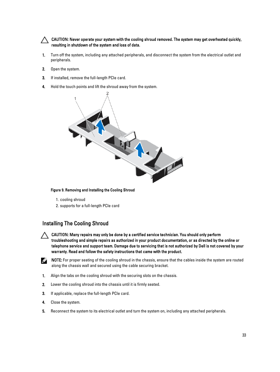 Installing the cooling shroud | Dell PowerVault DR4100 User Manual | Page 33 / 122