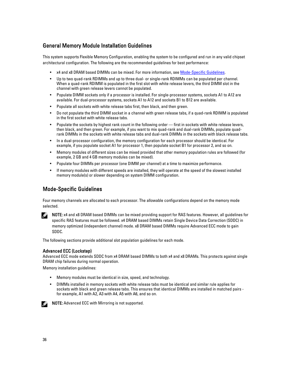 General memory module installation guidelines, Mode-specific guidelines | Dell PowerVault DR4100 User Manual | Page 36 / 122