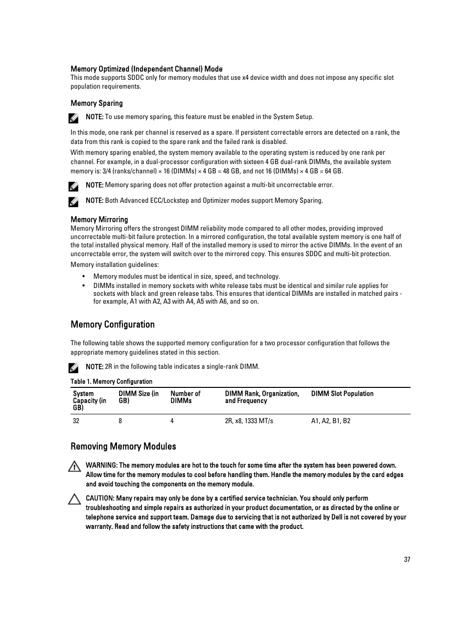 Memory configuration, Removing memory modules | Dell PowerVault DR4100 User Manual | Page 37 / 122