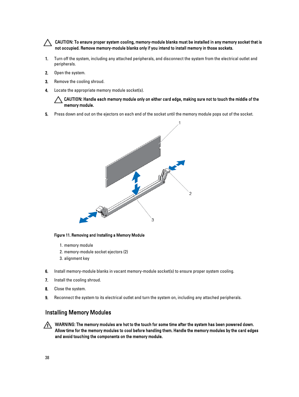 Installing memory modules | Dell PowerVault DR4100 User Manual | Page 38 / 122