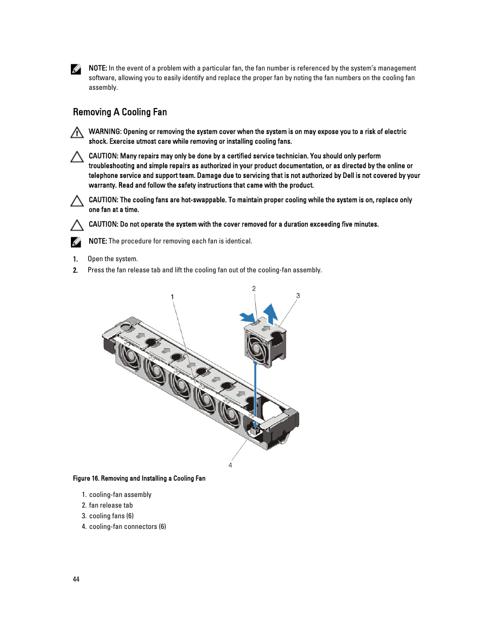Removing a cooling fan | Dell PowerVault DR4100 User Manual | Page 44 / 122
